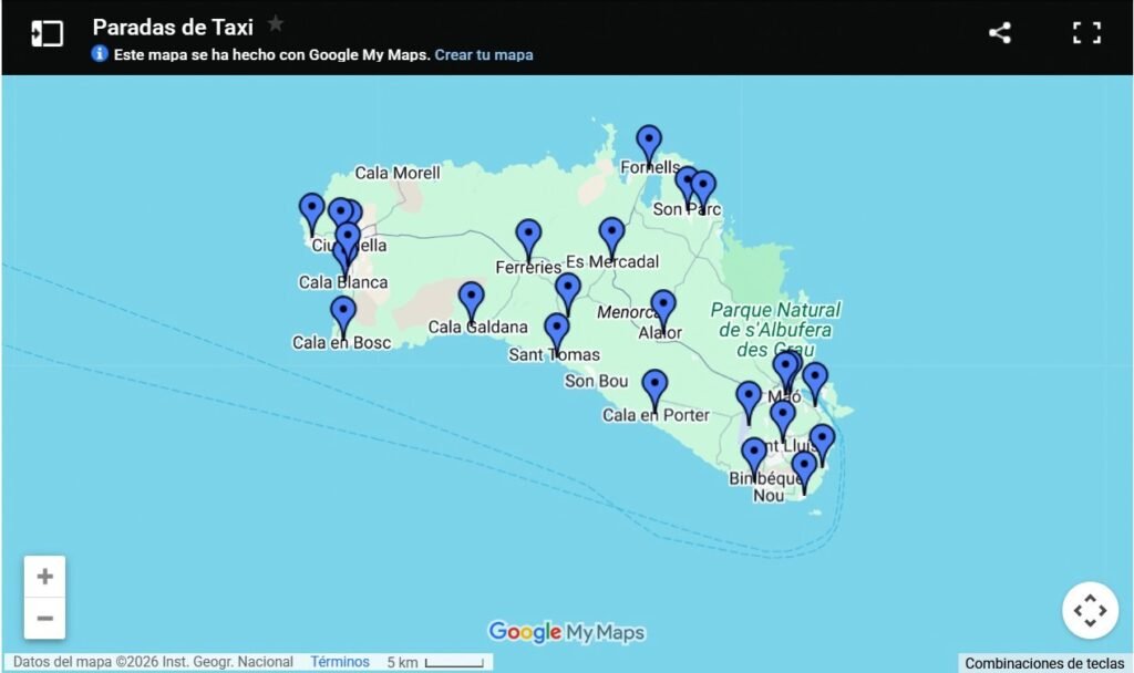 Mappa delle stazioni dei taxi a Minorca Mappa delle stazioni dei taxi a Minorca