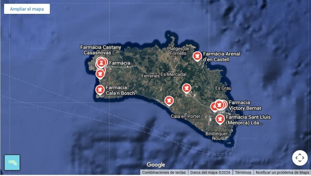 Map of pharmacies in Menorca