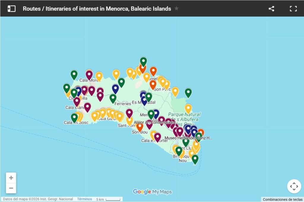 📌 Map: Routes / Itineraries of interest in Menorca, Balearic Islands Map Routes and Itineraries