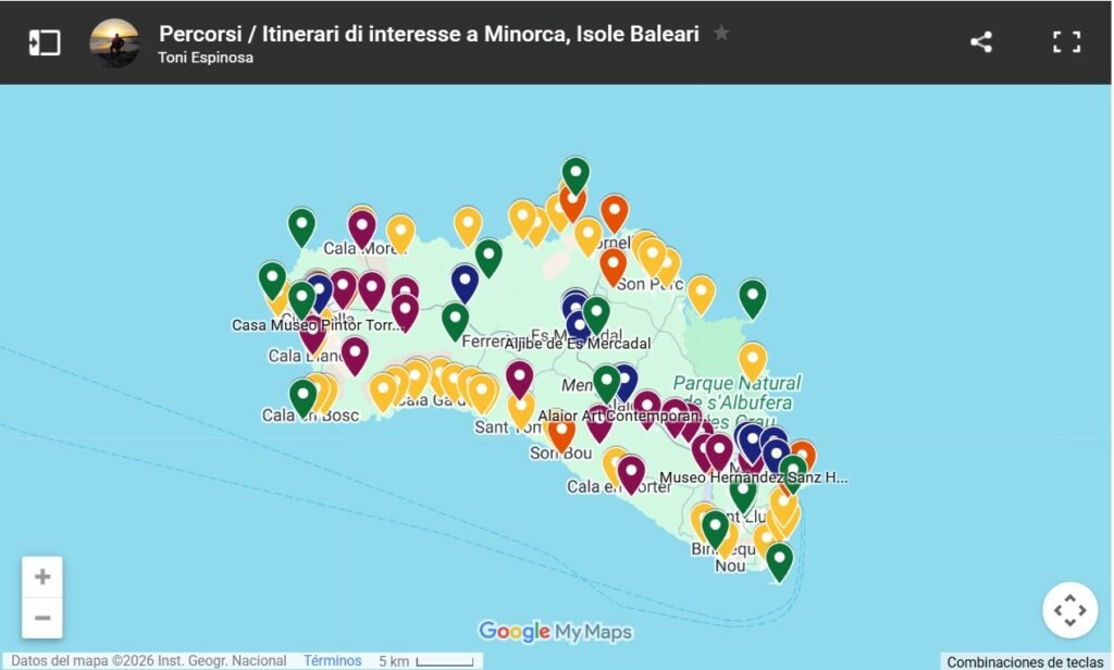 Percorsi / Itinerari di interesse a Minorca, Isole Baleari Mappa di Minorca