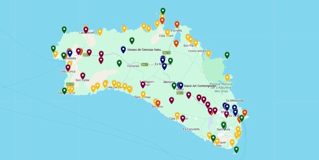 Mapa: Rutas / Itinerarios de interés en Menorca, Islas Baleares Mapa de Menorca ES